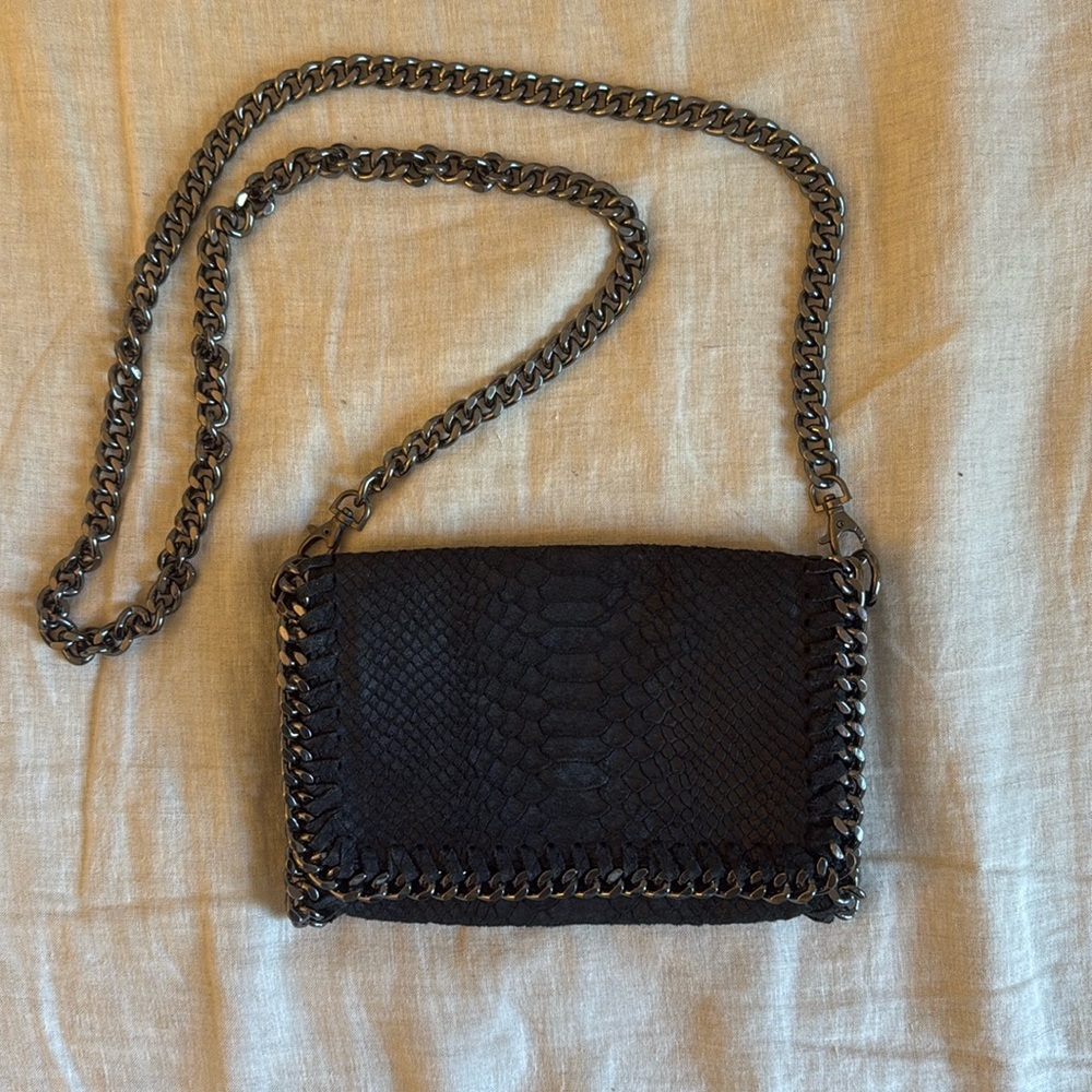 Rebecca Minkoff Leather Crocodile Chain Trim Crossbody Bag Black/Silver Chain